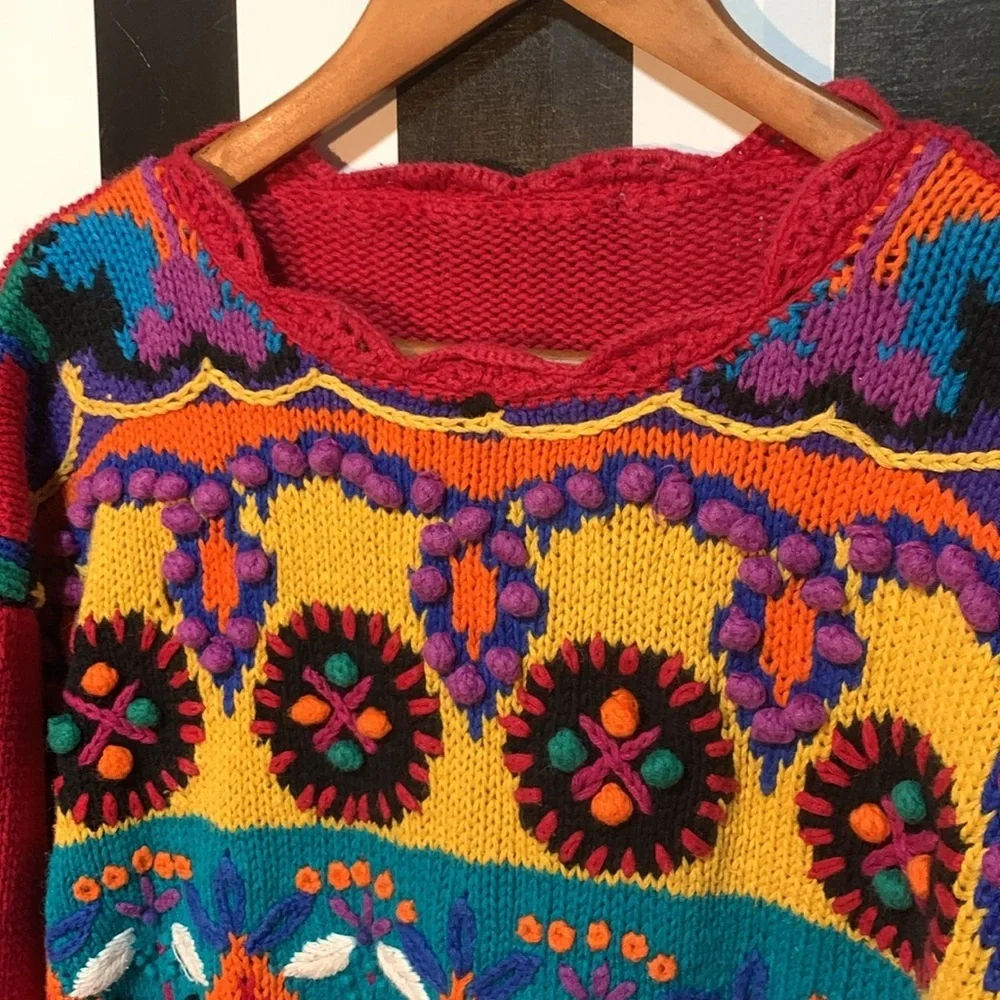 Vintage 90s 3D Knit & Crochet Floral & Hearts Fun Sweater Woman’s Large XL - Picture 13 of 17